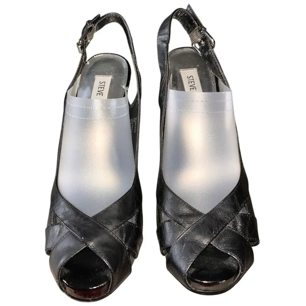 Steve Madden Black Leather Peep Toe Slingback Stiletto Heels 8 - Picture 2 of 8